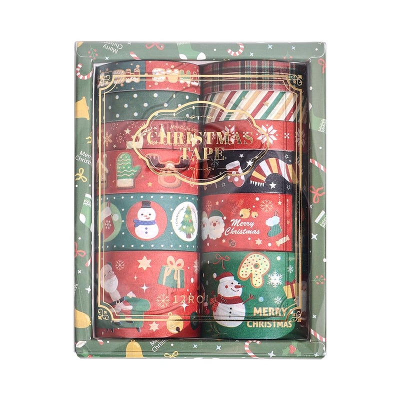 icceemee Christmas Theme Washi Tape Set, 12 Rolls Christmas Washi Tape Writable Decorative Tapes for Scrapbooking, Junk Journal Supplies, Bullet Journaling, 0.6"x79" per Roll - Image 1